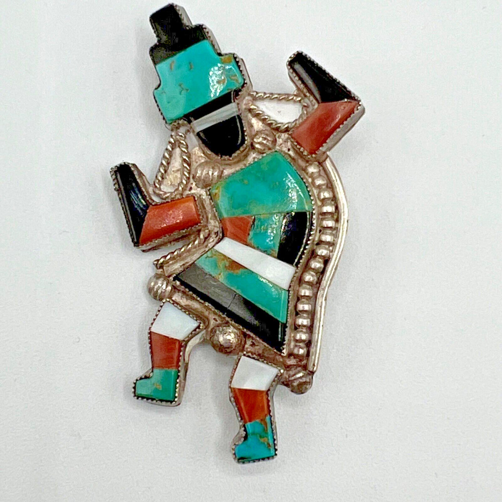 Vintage Zuni Rainbow Man Sterling Silver 925 Polychrome Inlay Kachina Pin Brooch